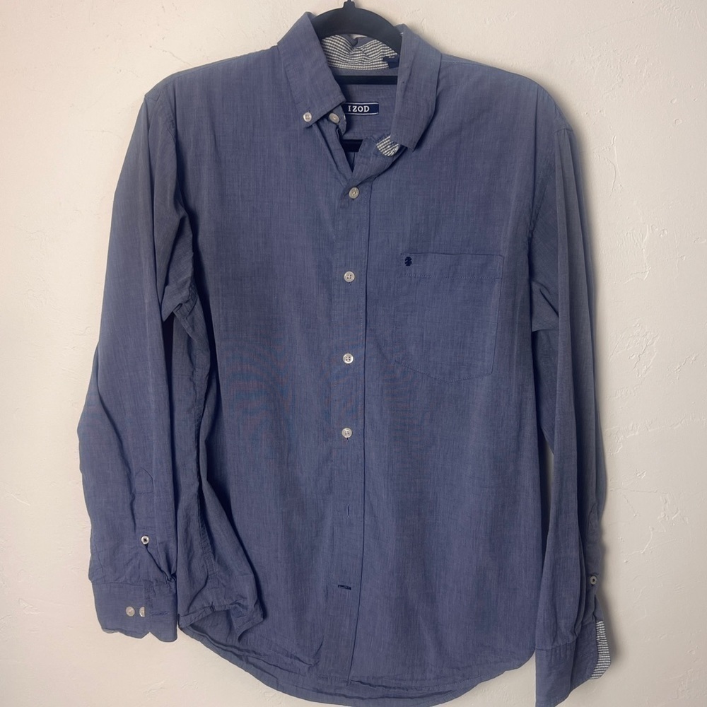 Izod button down micro stripe long sleeve cotton shirt with contrasting cuffs S